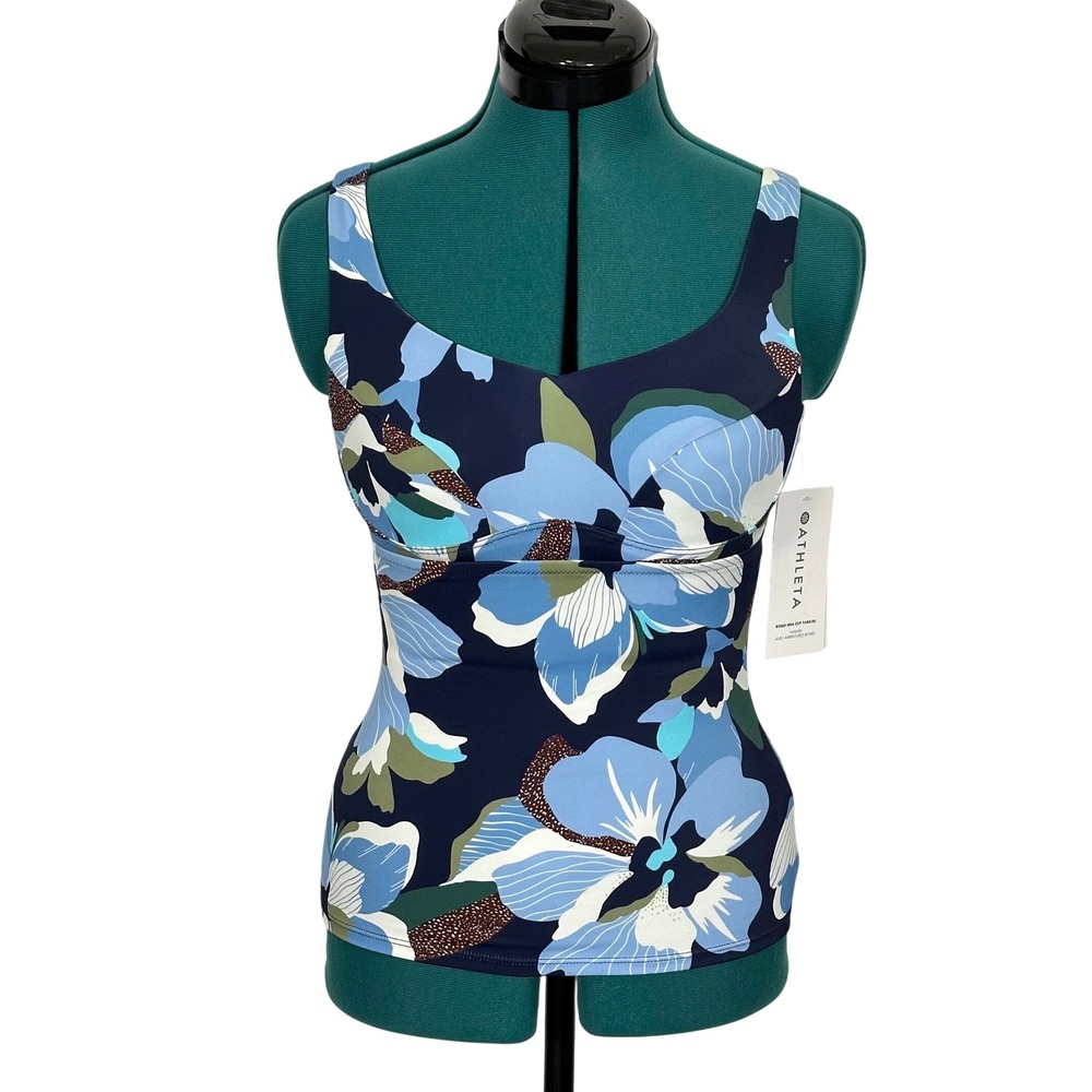 Athleta Bondi Bra Cup Tankini 32B/C Navy Blue Floral Underwire Swim Top NEW
